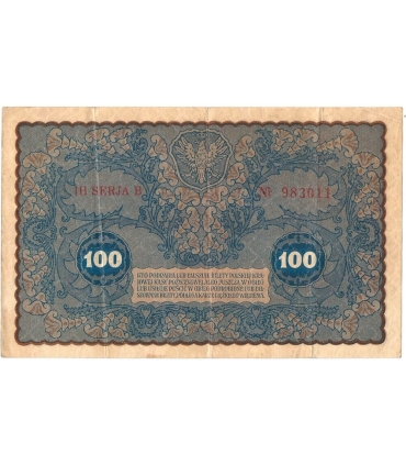 100 marek polskich (PKKP), rok 1919, stan 3-, IH seria B