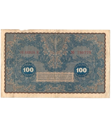 100 marek polskich (PKKP), rok 1919, stan 3-, IH seria X