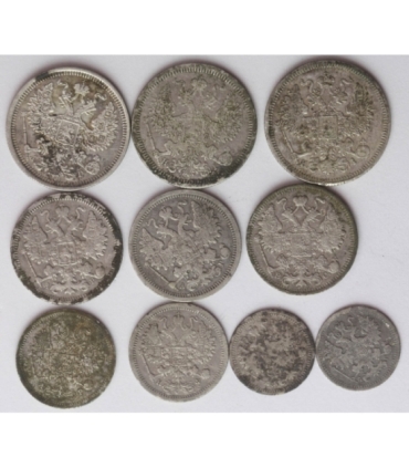 Lot: Rosja carska, 10 x srebrne kopiejki: 3x20k + 3x15k + 2x10k + 2x5k