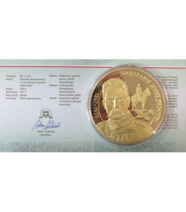 Medal w etui Marszałek Józef Piłsudski, 340g, 89mm, platerowany złotem