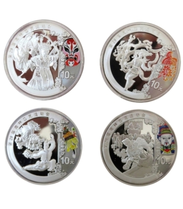 Chiny 4 x 10 YUANÓW 4 x 1 uncja Srebro Ag 999, certyfikaty, etui