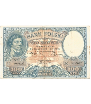 Banknot 100 zł, rok 1919 rok, seria SC stan 3/3-
