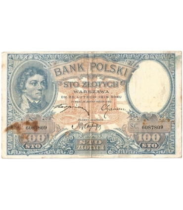 Banknot 100 zł, rok 1919 rok, seria SC stan 3/3-