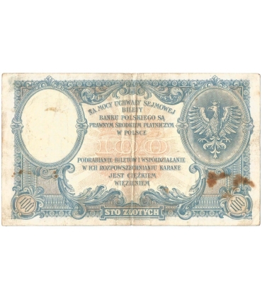 Banknot 100 zł, rok 1919 rok, seria SC stan 3/3-