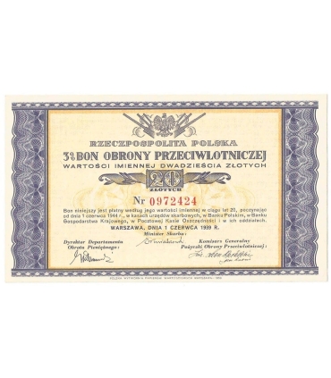 Bon obrony przeciwlotniczej na 20 złotych 1.06.1939, stan 1