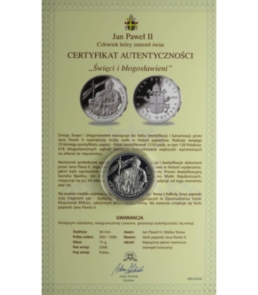 Polska, medal Jan Paweł II, Święci i błogosławieni, srebro, certyfikat