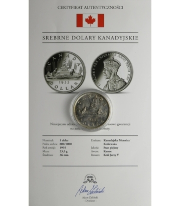 Kanada, 1 dolar 1935, 25-lecie Jerzego V, Kanoe, srebro, certyfikat
