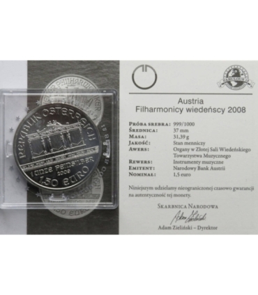 Austria 1,5 Euro 2008 Filharmonicy wiedeńscy, srebro, 1oz, stan 1