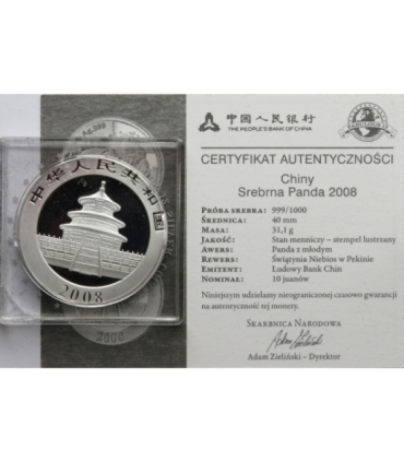 Chiny 10 YUANÓW 2008 Panda 1 uncja Ag 999