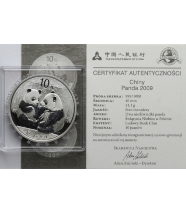 Chiny 10 YUANÓW 2008 Panda 1 uncja Ag 999