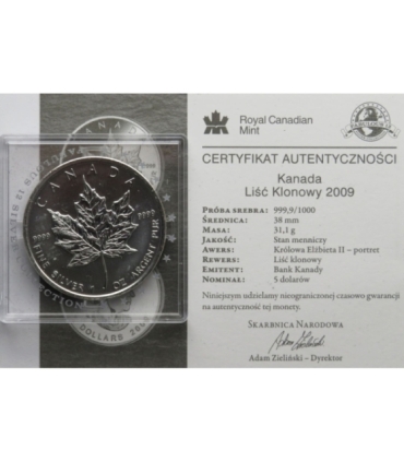 Kanada 5 dolarów Liść klonowy, 2009, Ag999, 1OZ