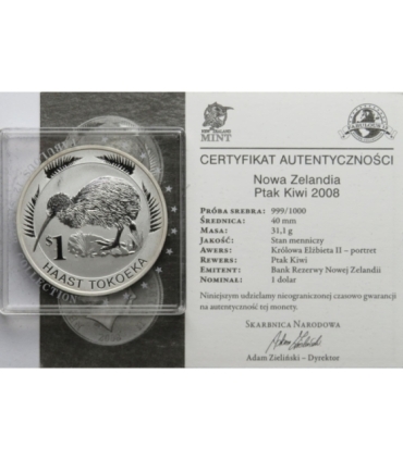 Nowa Zelandia, 1 dolar Ptak Kiwi 2008 Ag 999, certyfikat