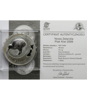 Nowa Zelandia, 1 dolar Ptak Kiwi 2009 Ag 999, certyfikat