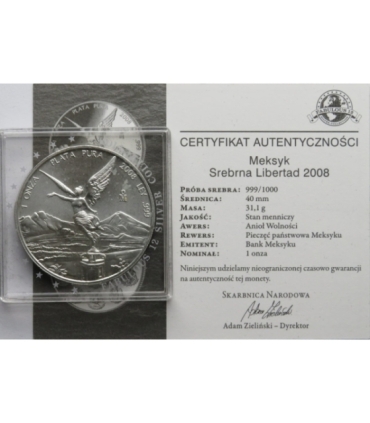Meksyk 1 onza Libertad 2008, Anioł Wolności, 1Oz, Ag999