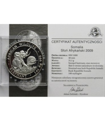 Somalia 100 Szylingów 2009 Słoń, Srebro, Ag999