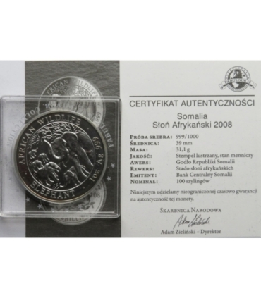 Somalia 100 Szylingów 2008 Słoń, Srebro, Ag999
