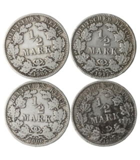 Niemcy, 4 x 1/2 marki, różne roczniki: 1905(G), 1905(F), 1906(A), 1917(A), srebro