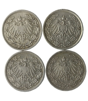 Niemcy, 4 x 1/2 marki, różne roczniki: 1905(G), 1905(F), 1906(A), 1917(A), srebro