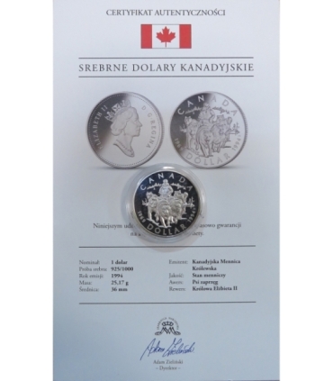Kanada 1 dolar 1994, Psi zaprzęg, stan 1, srebro, certyfikat