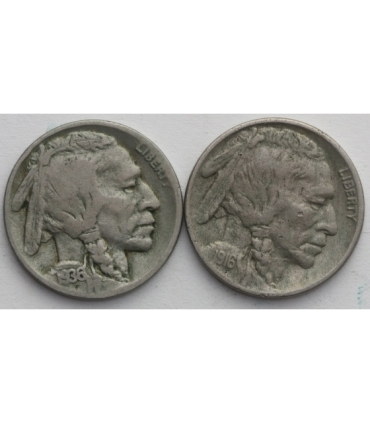 Lot: USA 2 x 5 centów, głowa Indianina / bizon, 1916, 1936