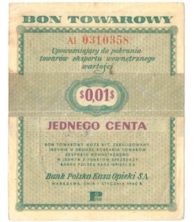 Bon towarowy 1 cent 1960, seria AI, stan 3, ładny