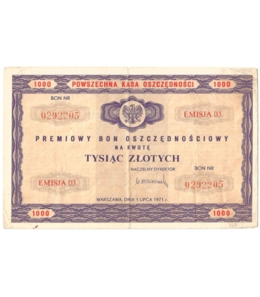 Premiowy bon oszczędnościowy 1000 zł, 1971, emisja 03., stan 3-
