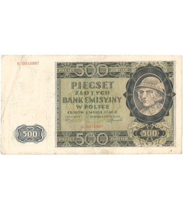 Banknot 500 złotych 1940 stan 3-, Ser. B 0015997, Góral