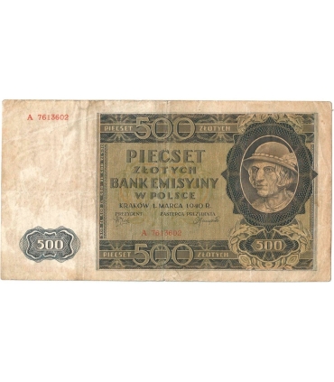 Banknot 500 złotych 1940 stan 3-, Ser. A, Góral