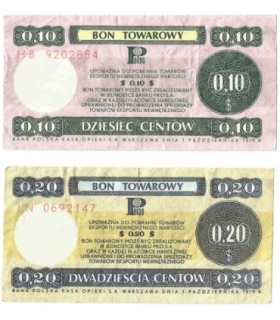 Lot: Zestaw 2 bonów towarowych, 10 centów + 20 centów, 1979, stan 3/3-