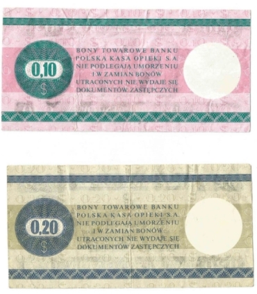 Lot: Zestaw 2 bonów towarowych, 10 centów + 20 centów, 1979, stan 3/3-