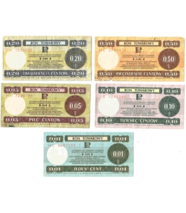 Lot: Zestaw 5 bonów towarowych, 1, 5, 10, 20, 50 centów 1979 stan 3-