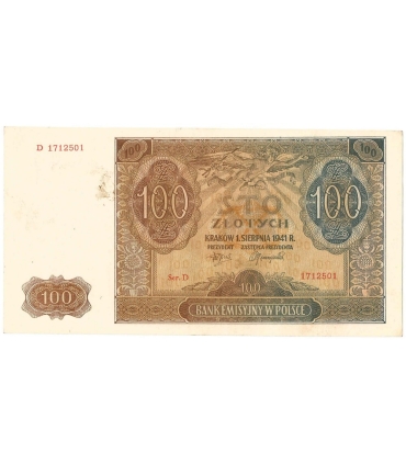 Banknot 100 złotych 1941 stan 2+, Ser. D