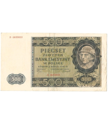 Banknot 500 złotych 1940 stan 3-, Ser. B 0633833, Góral, ciekawy numer