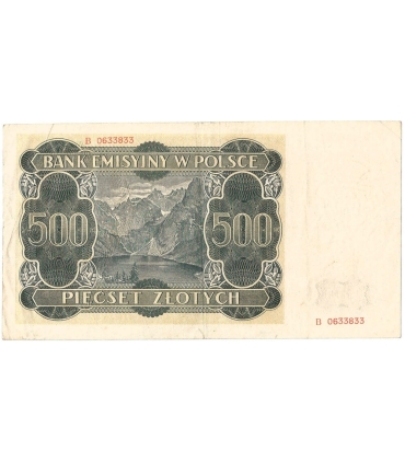 Banknot 500 złotych 1940 stan 3-, Ser. B 0633833, Góral, ciekawy numer