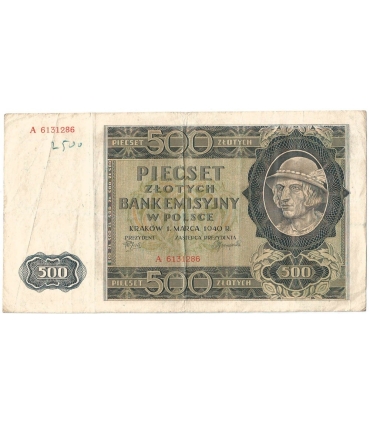 Banknot 500 złotych 1940 stan 3-/4+, Ser. A, Góral