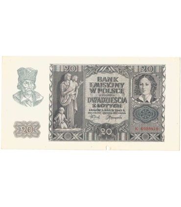 Banknot 20 złotych, 1940, seria K, stan 3