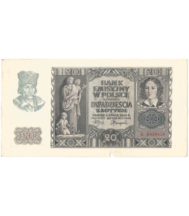 Banknot 20 złotych, 1940, seria K, stan 3