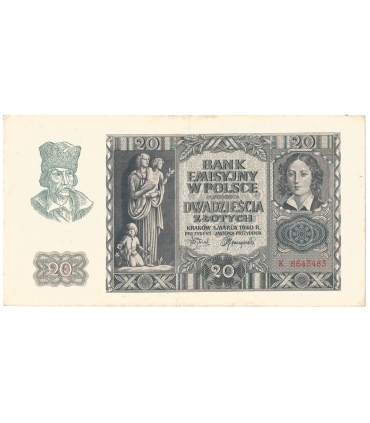 Banknot 20 złotych, 1940, seria K, stan 2-/3+