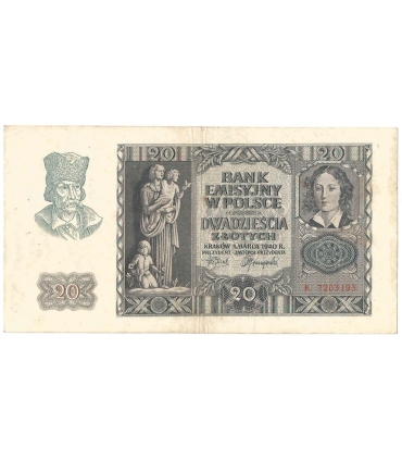 Banknot 20 złotych, 1940, seria K, stan 3/3+