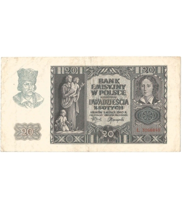 Banknot 20 złotych, 1940, seria L, stan 3