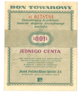 Bon towarowy 1 cent 1960, seria AI, stan 3+, b. ładny