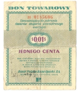 Bon towarowy 1 cent 1960, seria BI, stan 3-