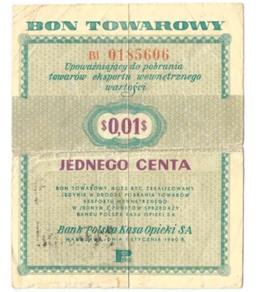 Bon towarowy 1 cent 1960, seria BI, stan 3-