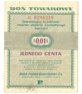 Bon towarowy 1 cent 1960, seria AI, stan 3, ładny