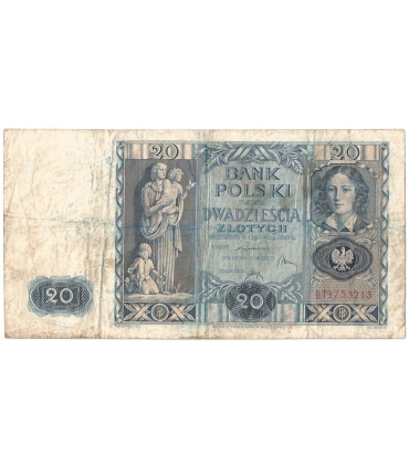 Banknot 20zł, 1936r, seria BT stan 4+