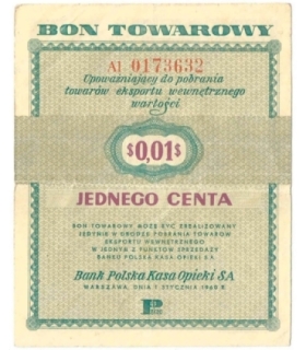 Bon towarowy 1 cent 1960, seria AI, stan 3, ładny