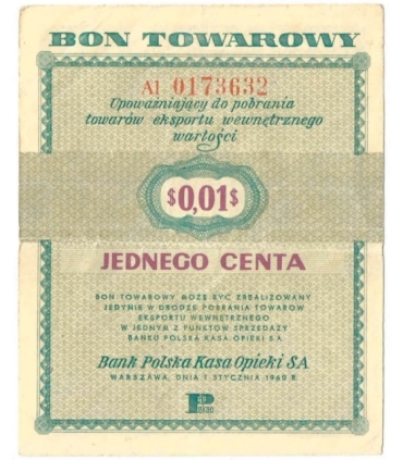 Bon towarowy 1 cent 1960, seria AI, stan 3, ładny