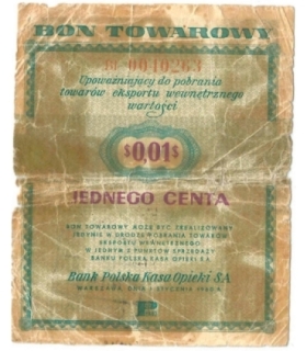 Bon towarowy 1 cent 1960, seria BI, stan 5