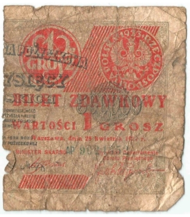 Bilet zdawkowy 1 grosz 1924, seria AP, prawy, stan 4-