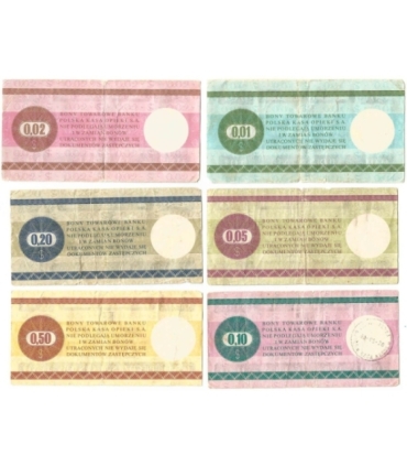 Lot: Zestaw 6 bonów towarowych, 1, 2, 5, 10, 20, 50 centów 1979 stan 3-